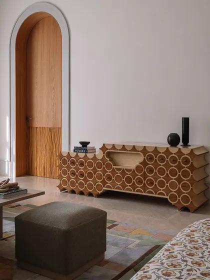 A wider shot of the 'Brutus' unit in the parent's living room, showing how it complements the other design elements in the space.