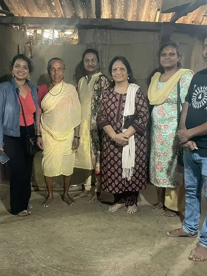 Our group of students with the local Warli artists. It was an honor to learn from them and be welcomed into their community for a day of art and culture.