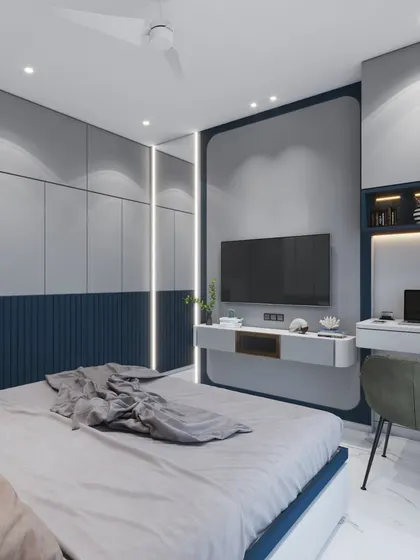 An alternate view of the Malad East bedroom render, focusing on the sleek, handleless wardrobes with integrated vertical lighting. This visualization helps confirm the final look and feel of the custom furniture.