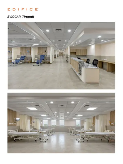 The interior treatment and recovery areas at SVICCAR, Tirupati, are planned for patient comfort and clinical workflow. The design ensures that even functional spaces feel organized, clean, and humane.