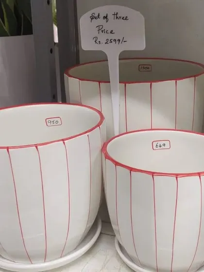 The same striped ceramic pot design is available with red stripes. This set of three is perfect for creating a cohesive plant arrangement.