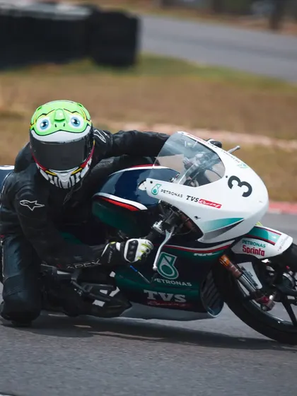 Aaron Soni Fernandez shows his skill during the Petronas TVS Racing One Make Championship selection round. His fast lap time secured his spot in the competitive rookie category.