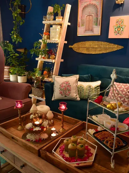 Festive treats and decor on the coffee table. I love using trays to group items together, creating a beautiful and organized centerpiece.
