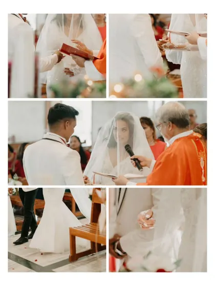 A collage of sacred moments from the church ceremony, capturing the vows and the couple's interactions at the altar.