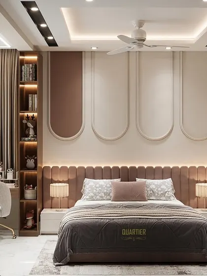 The study and bed area of the shared kids' room render. The design includes a long headboard and a tall bookshelf, providing ample space for both rest and study.