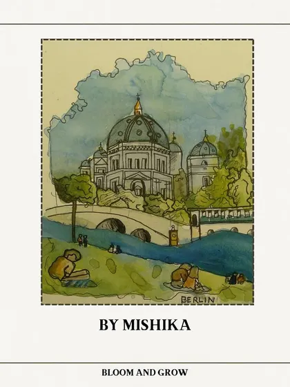 Mishika's beautiful watercolor and ink interpretation of the Berlin Dome, capturing the architectural details and surrounding park.