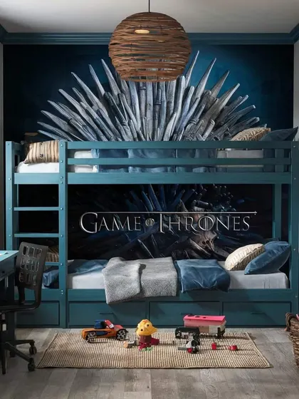 For the fans of epic tales, I can design themed rooms like this one. This bunk bed features under-bed storage and a dramatic backdrop, turning a simple bedroom into a fantasy world.