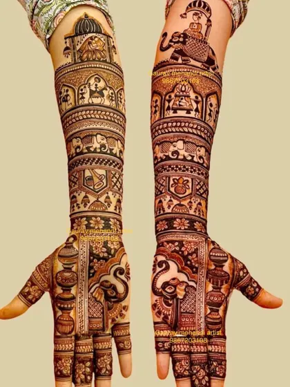 This design is a masterpiece of traditional art, featuring royal elephants, intricate architecture, and auspicious symbols covering the hands and arms.