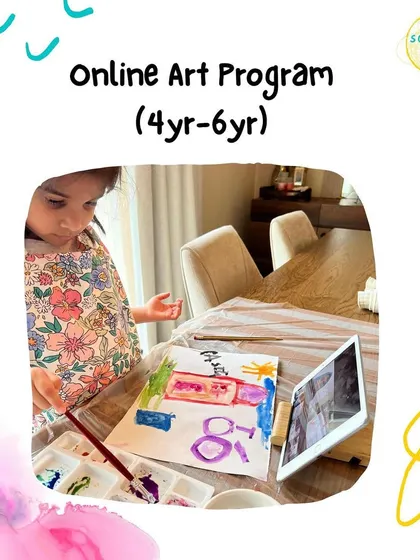 This graphic highlights our Online Art Program for 4-6 year olds, showing a child happily engaged in a virtual class.