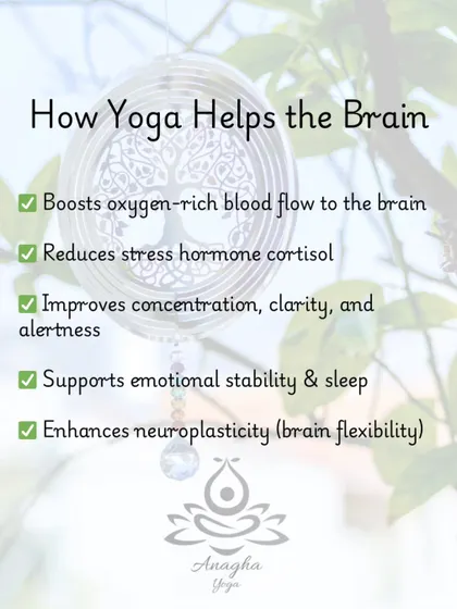 A summary of how yoga benefits brain health, including boosting oxygen-rich blood flow, reducing stress hormones, and supporting neuroplasticity.