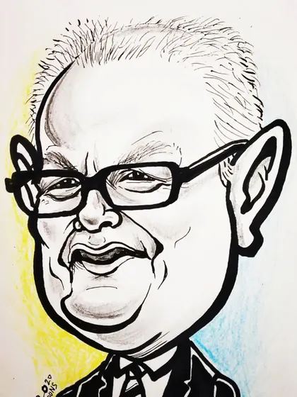 This tribute caricature is for the German Finance Minister who tragically passed away during the economic crisis caused by the pandemic. It's a somber piece reflecting a difficult time.