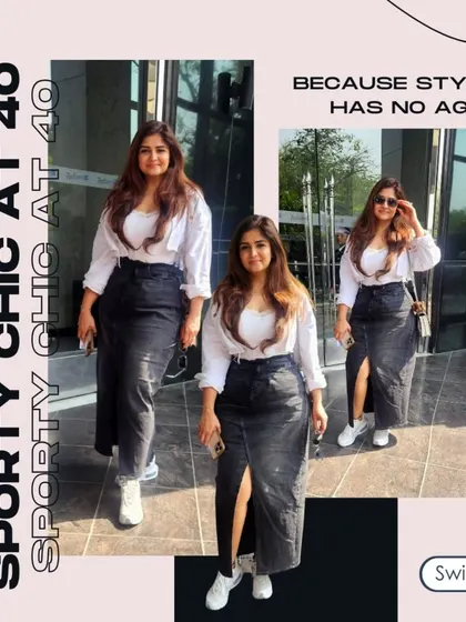 My personal take on sporty chic: a black denim skirt with a front slit, a simple white top, and classic sneakers.