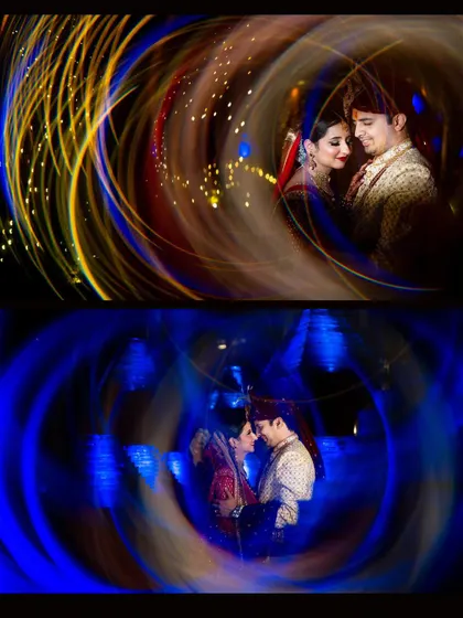 A creative and artistic portrait using light painting to create swirling patterns of light around the couple. It's a unique and magical wedding photograph.
