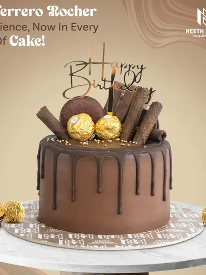 The Ferrero Rocher experience, now in every bite of cake! This indulgent chocolate drip cake is topped with the iconic hazelnut chocolates.