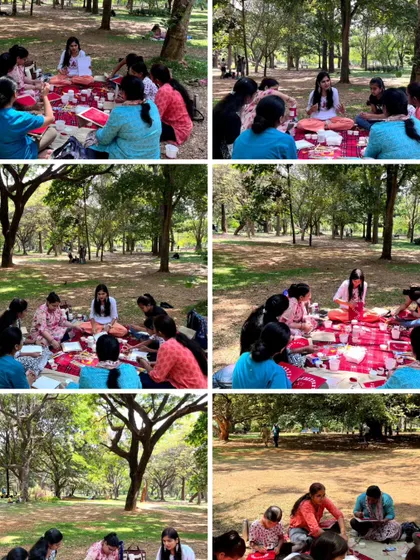 A collage showcasing the vibrant atmosphere of our outdoor art picnic in a park. Participants are gathered on mats under the trees, learning new art forms in a relaxed, natural setting that feels more like a fun day out than a formal class.