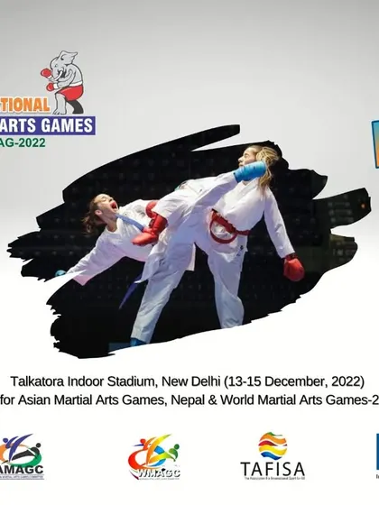 This poster announces the 6th National Martial Arts Games 2022, held at Talkatora Indoor Stadium. This event also served as the selection trial for the Asian and World Martial Arts Games, offering a direct path to international competition.