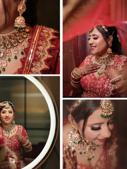 A collage of detailed bridal portraits, focusing on her stunning jewelry, makeup, and happy expressions.