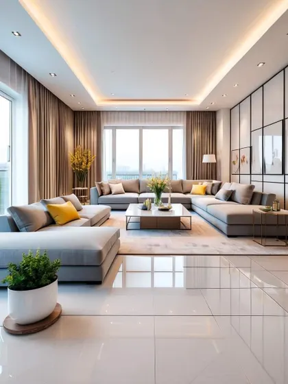 This expansive living room uses a U-shaped sectional to create an intimate conversation area. The neutral tones and clean lines give it a minimalist and modern aesthetic.