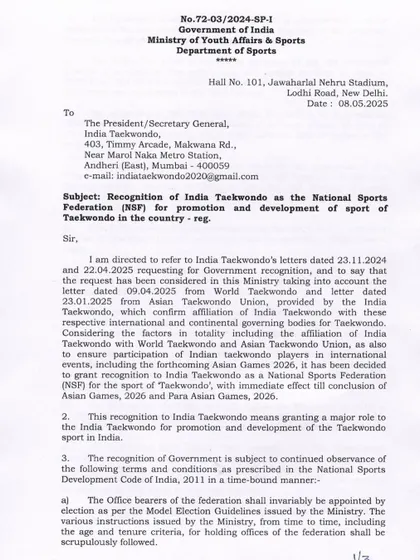 This is a moment of immense pride for us. The official recognition of India Taekwondo by the Ministry of Youth Affairs and Sports validates our years of hard work and dedication to promoting the sport across the country.