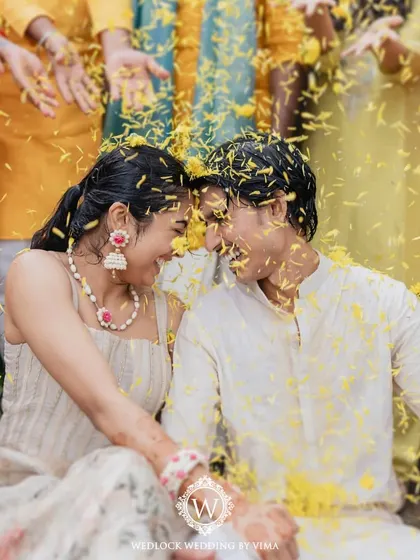 The pure, uninhibited joy of a Haldi ceremony. We love creating vibrant, fun-filled spaces where couples and their families can make memories like this.