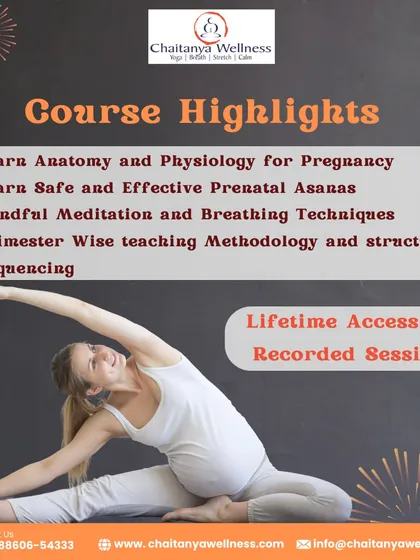 Course highlights for our teacher training include learning anatomy for pregnancy, safe prenatal asanas, mindful meditation and breathing techniques, and trimester-wise teaching methodology.
