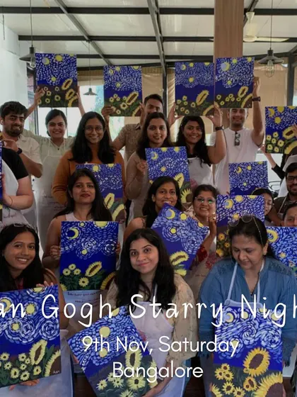 Our Van Gogh Starry Night workshop is a total classic for a reason. Look at this amazing group and their incredible paintings. Everyone brings their own unique style, and we love seeing all the different interpretations.