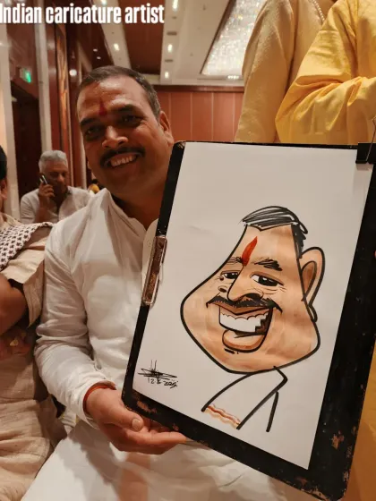 A happy guest at a wedding function. The red bindi is a small but important detail that personalizes the drawing.