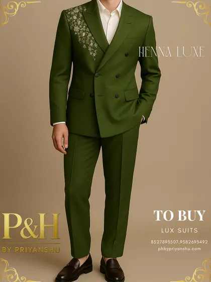 This angle demonstrates the sharp lines of the double-breasted jacket.