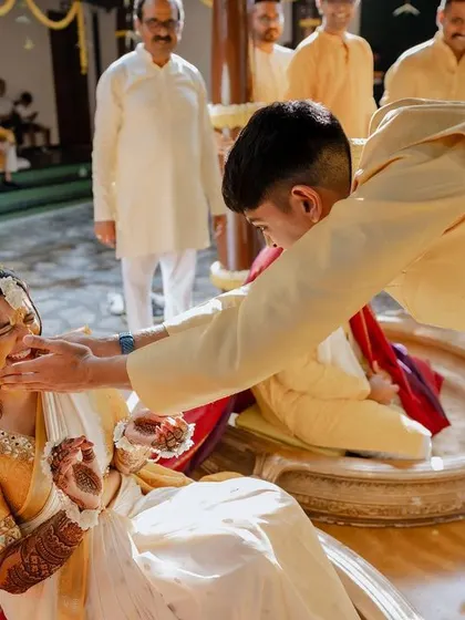 The sheer joy and messiness of a Haldi ceremony. We love capturing the candid reactions as friends and family shower the couple with love and turmeric.