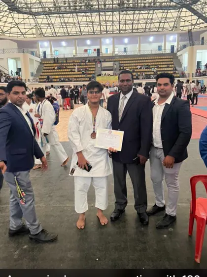My student Aryan after competing against 120 athletes from across Karnataka to win a bronze medal in kata.