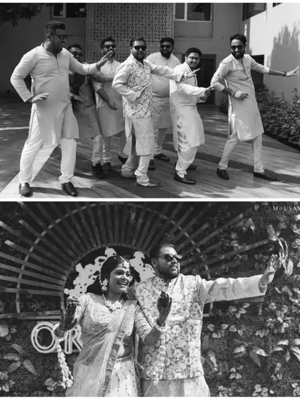 A black and white collage from the Sangeet. The top frame shows the groom's squad in a synchronized dance move, while the bottom shows the happy couple enjoying the party. It captures the fun and energy of the night.