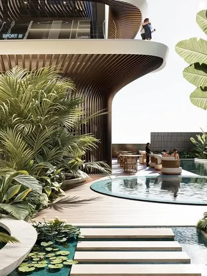 A render of a multi-level clubhouse in Mumbai, where parametric design meets biophilic landscape. The structure is seamlessly integrated with lush greenery and water features.