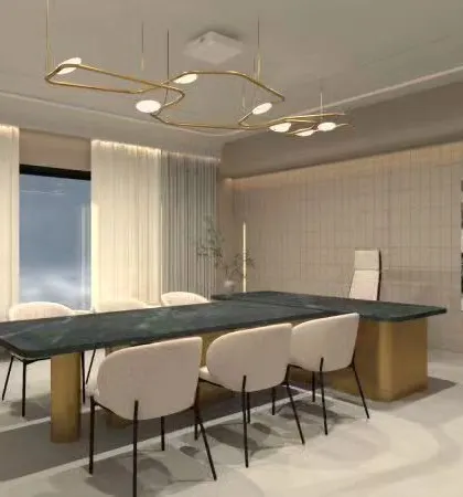 This render shows the concept for a spacious and bright executive office. The design focuses on soft, neutral tones, flowing curtains, and a statement light fixture to create an airy and sophisticated workspace.