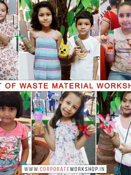 A collection of smiling faces and their colorful creations from an Art of Waste Material workshop. We believe in making art accessible, fun, and meaningful for everyone.