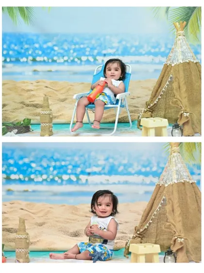 This collage shows the baby boy posing both in his chair and sitting in the sand. It highlights the versatility of the beach set and the variety of shots possible in one session.