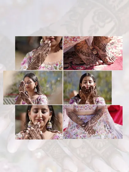 A collage focusing on the details of the Mehandi. It shows close-ups of the henna on the bride's hands and feet, celebrating the intricate artistry.
