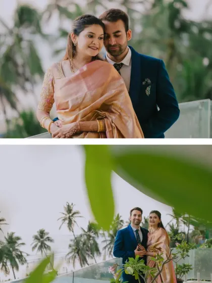 A collage of the couple posing on a balcony with a beautiful view of palm trees, capturing the essence of a beachside celebration.