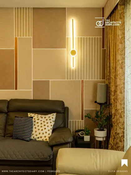Inspired by Korean minimalism, this living and dining area uses a calm, neutral palette with clean lines and geometric patterns on the wall. The focus is on creating a serene and uncluttered environment with sophisticated lighting.