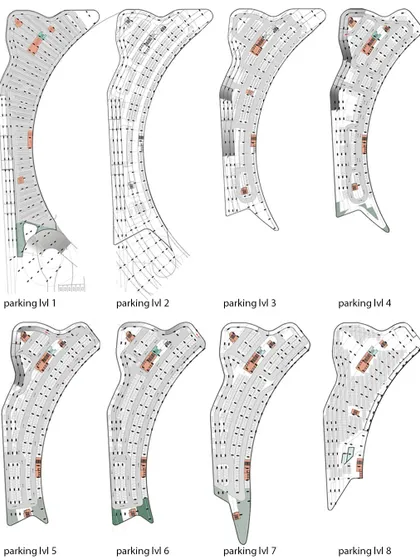 Detailed floor plans for each of the eight levels of the parking structure.