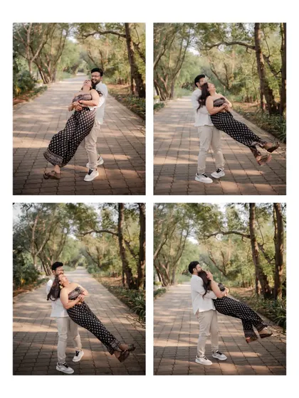 A fun collage of the groom lifting and spinning his fiancée, capturing movement and pure happiness in their pre-wedding photos.