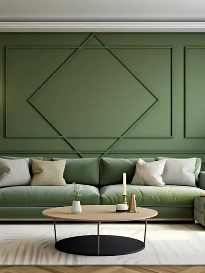 An elegant living room featuring a sage green and beige color palette.