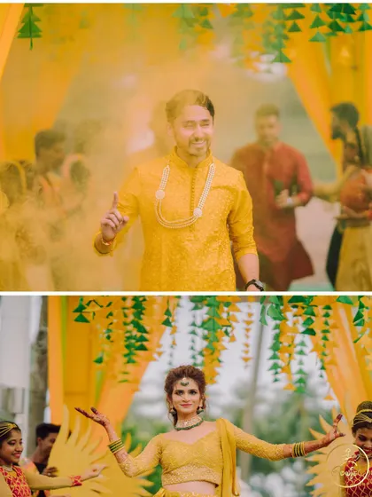 The bride and groom make their individual grand entrances with color smoke and dancers.