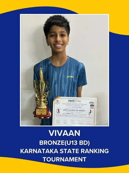 Celebrating Vivaan's Bronze medal win in the U13 Boys Doubles at the Karnataka State Ranking Tournament. His sharp smashes and calm demeanor under pressure were a highlight.