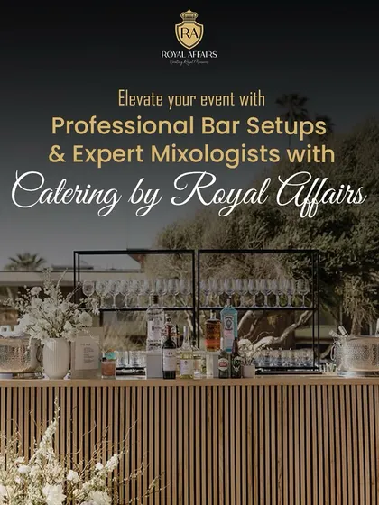 I offer complete beverage solutions with professional bar setups and expert mixologists. This elegant outdoor bar is stocked and ready to serve a range of drinks, adding a touch of class to your corporate event.
