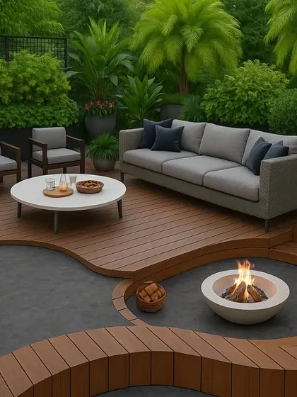 A 3D concept for a backyard sanctuary in Gurgaon, featuring a unique curved wooden deck and bench that wraps around a central fire pit.