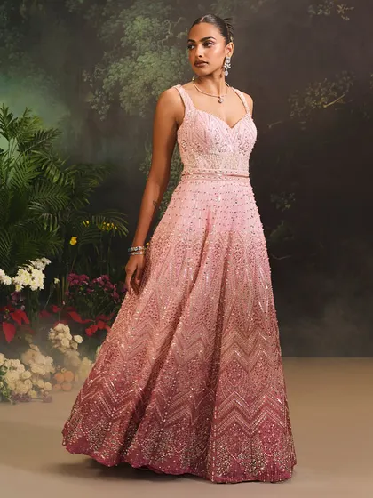 A full-length view of the Celine Gown, highlighting its flattering A-line silhouette and sparkling texture.