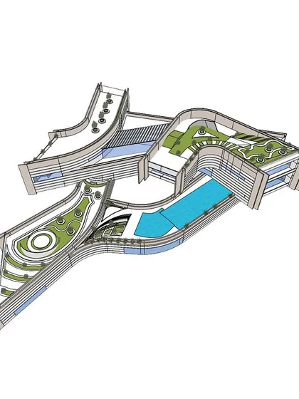 A 3d model of the concept, showing the resulting building with layered terraces and pools.