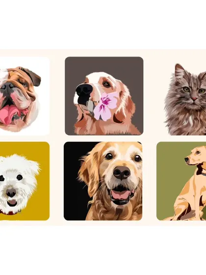 A showcase of my custom digital pet portraits. I can draw any pet, from a fluffy cat to a happy golden retriever, capturing their unique expressions.