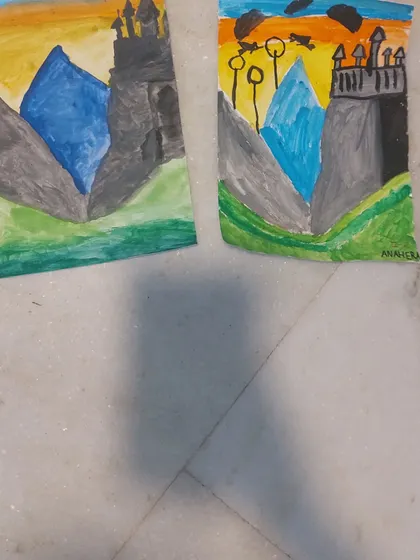A close-up of the magical Hogwarts castle paintings created during our Harry Potter workshop.