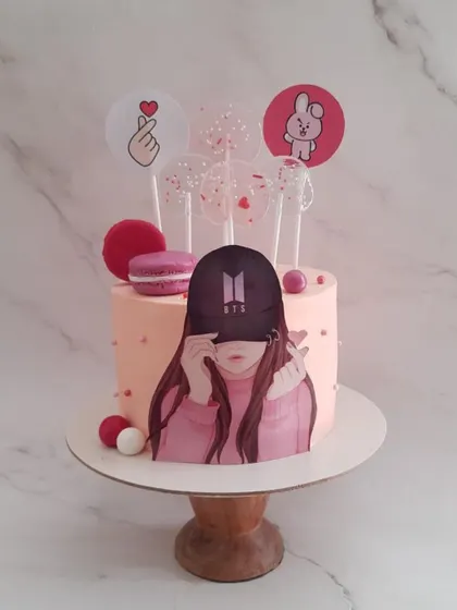 We can even arrange for cakes based on the latest trends. This custom cake was designed for a BTS fan, complete with themed toppers. Just give us your idea, and we will find a way to make it happen for your celebration.